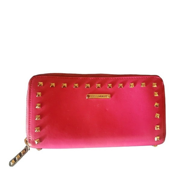 Rebecca Minkoff Pink Leather Wallet Zip Goldtone Rivets Studded Coin Purse Cute - Picture 3 of 15